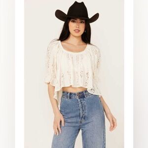 NEW FREE PEOPLE Stacey Puff Sleeve Ivory Lace Top Size Medium